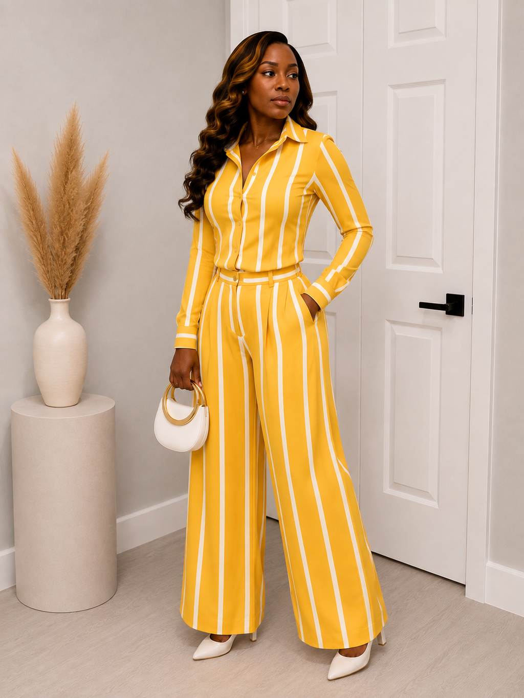 Blue & White Striped Button-up Two-Piece Set Wide Leg Pants