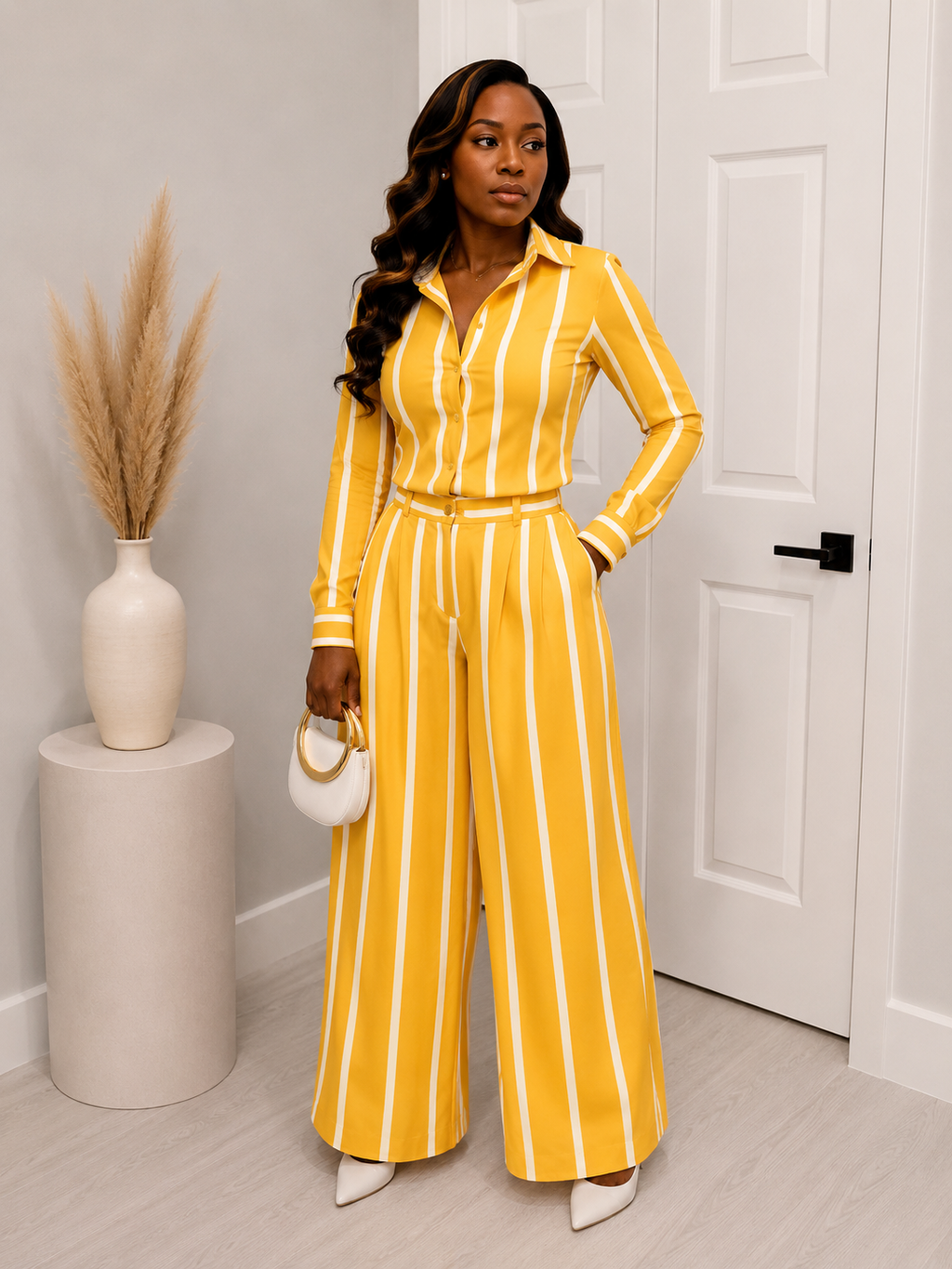 Blue & White Striped Button-up Two-Piece Set Wide Leg Pants