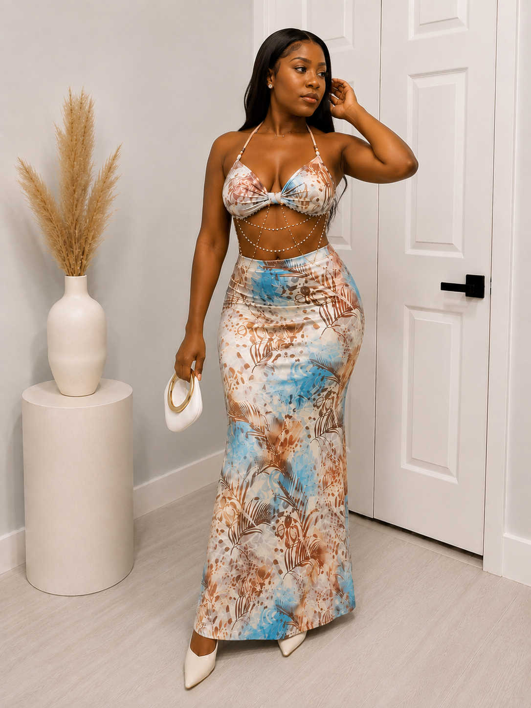 Printed Halter Maxi Dress with Beaded Body Chain