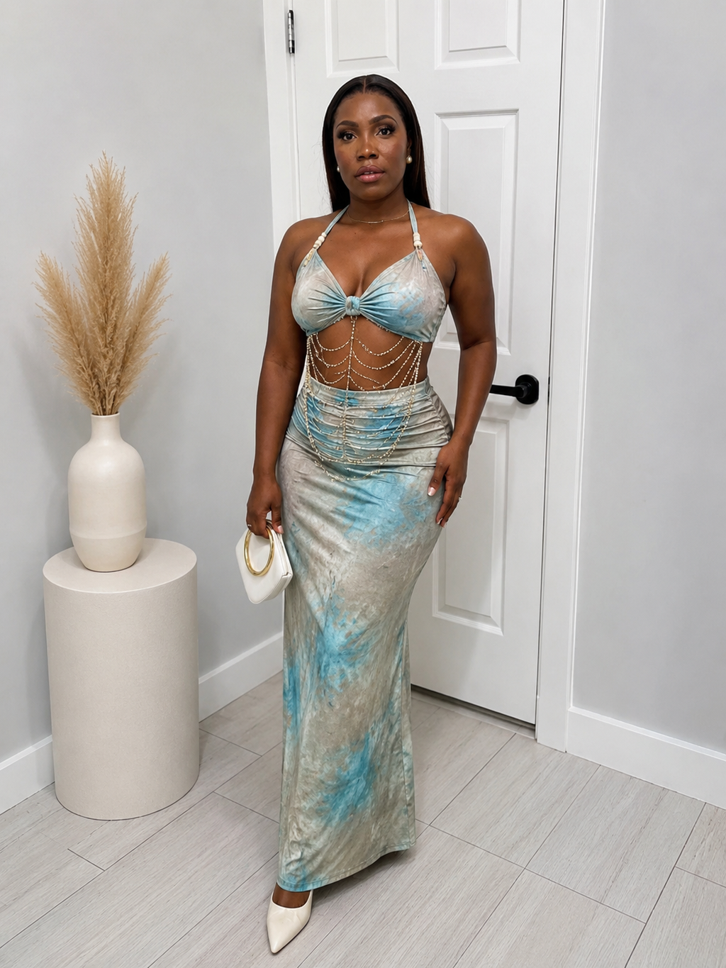 Printed Halter Maxi Dress with Beaded Body Chain