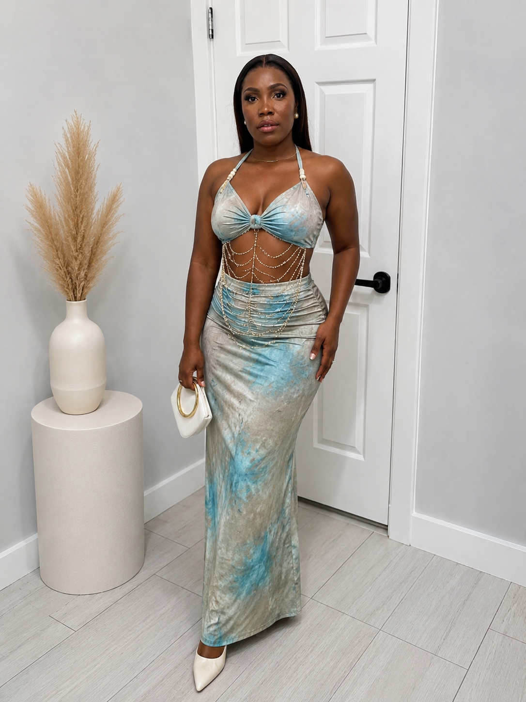 Printed Halter Maxi Dress with Beaded Body Chain