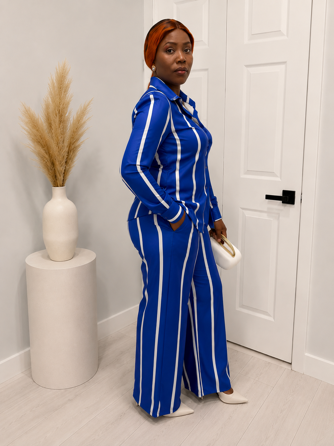 Blue & white Stripted Button-up two-piece set wide leg pants