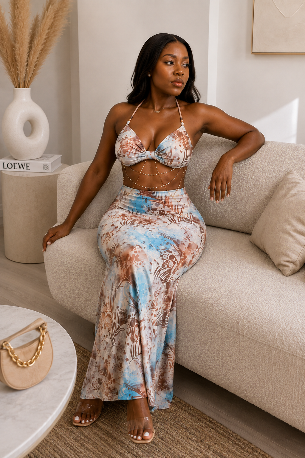 Printed Halter Maxi Dress with Beaded Body Chain