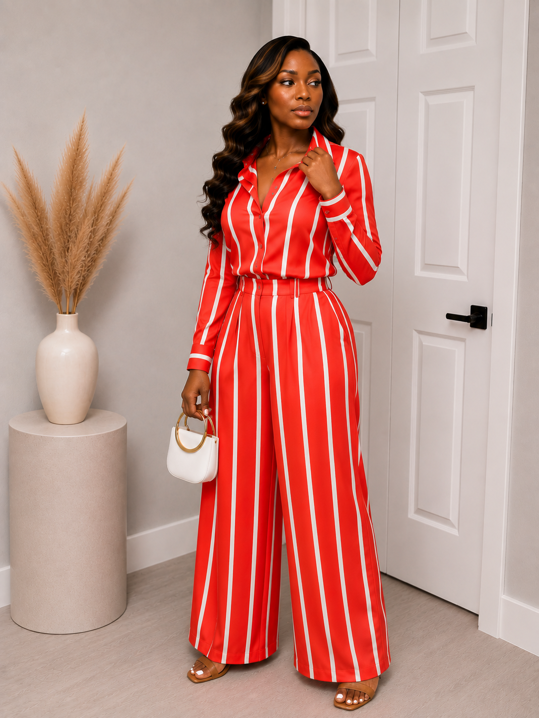 Blue & White Striped Button-up Two-Piece Set Wide Leg Pants
