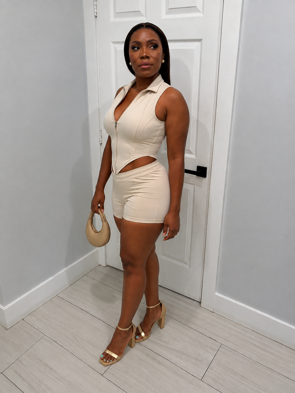 Zip-Up Collared Cutout Top & Shorts Set