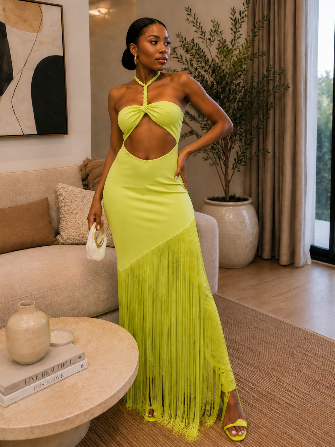 Blue Braided Halter Cutout Fringe Maxi Dress