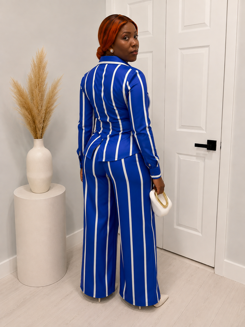 Blue & white Stripted Button-up two-piece set wide leg pants
