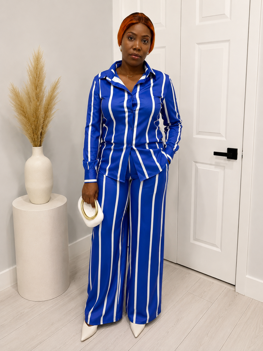 Blue & white Stripted Button-up two-piece set wide leg pants