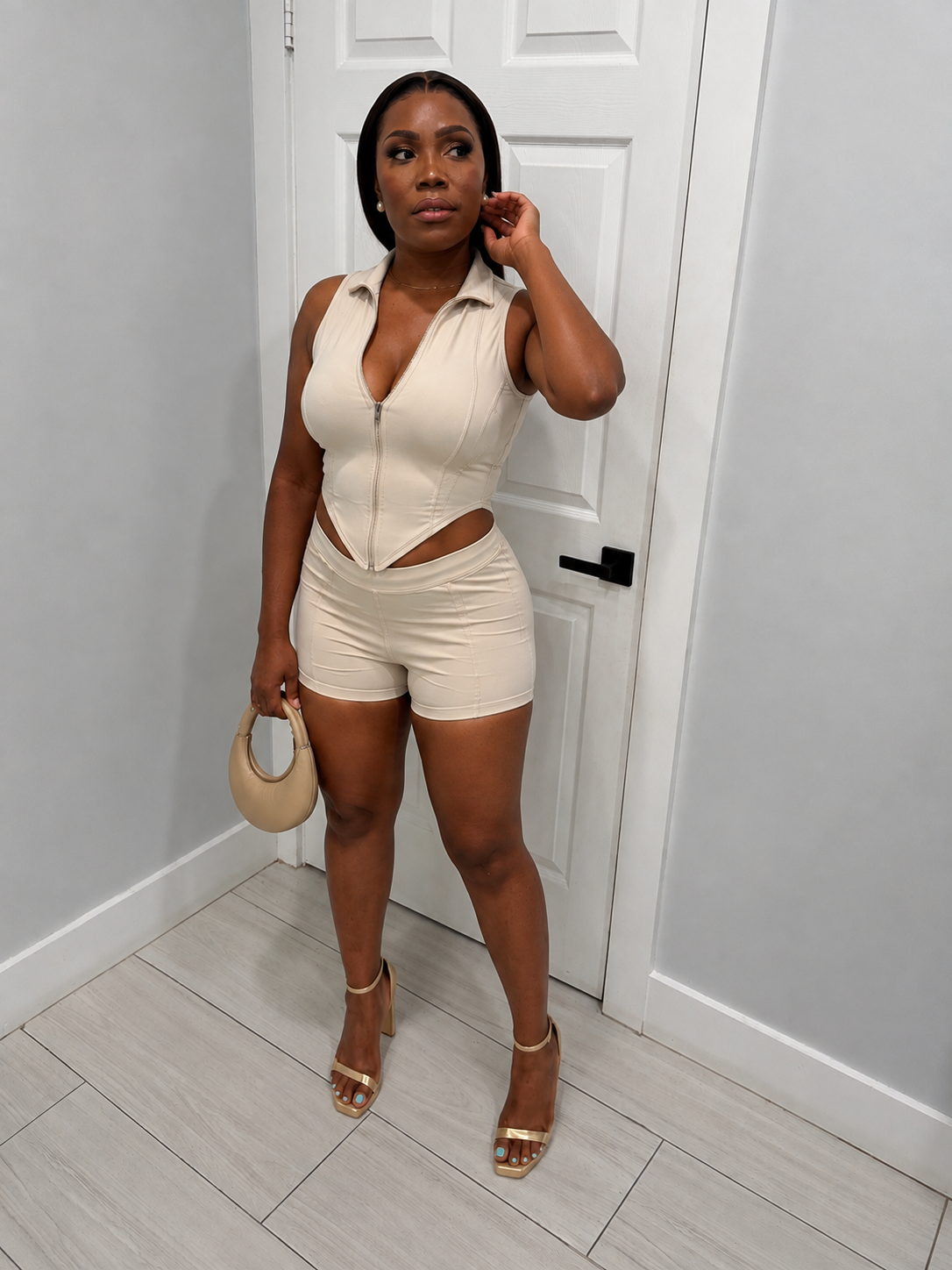 Zip-Up Collared Cutout Top & Shorts Set