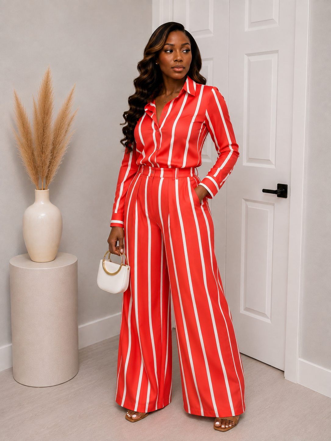 Blue & White Striped Button-up Two-Piece Set Wide Leg Pants