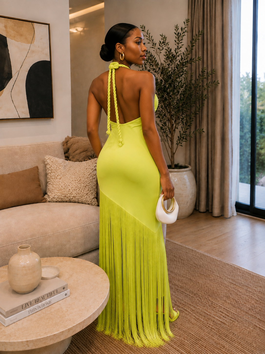 Blue Braided Halter Cutout Fringe Maxi Dress