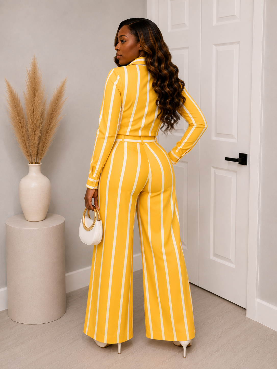 Blue & White Striped Button-up Two-Piece Set Wide Leg Pants
