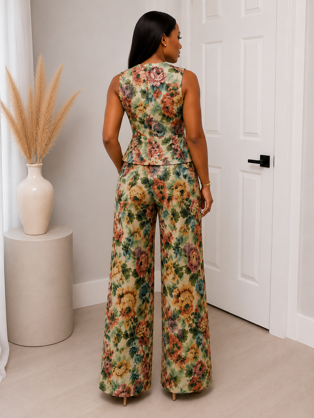 Floral Tapestry Vest & Wide-Leg Pants Set