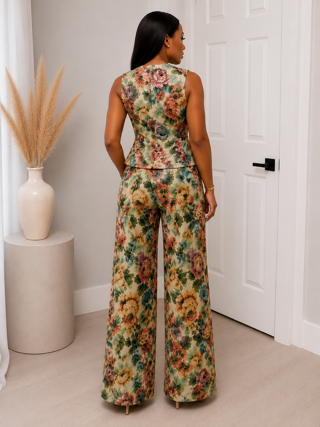Floral Tapestry Vest & Wide-Leg Pants Set