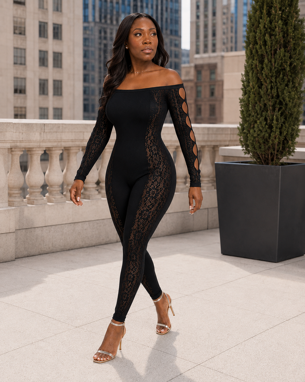 Lace Cutout Off-Shoulder Jumpsuit - Black