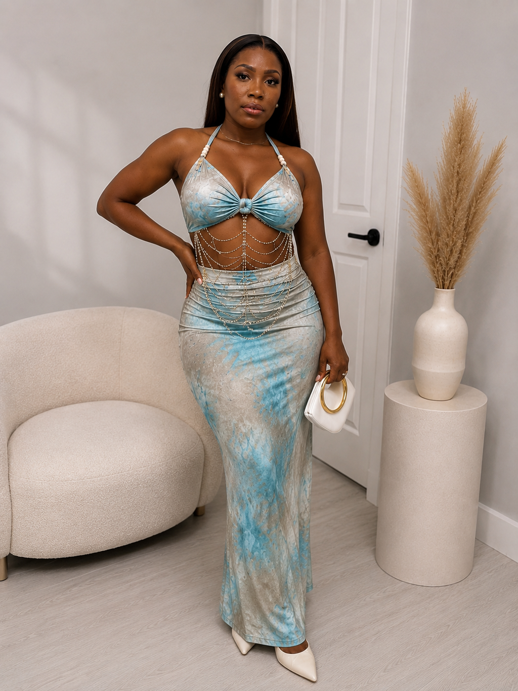 Printed Halter Maxi Dress with Beaded Body Chain