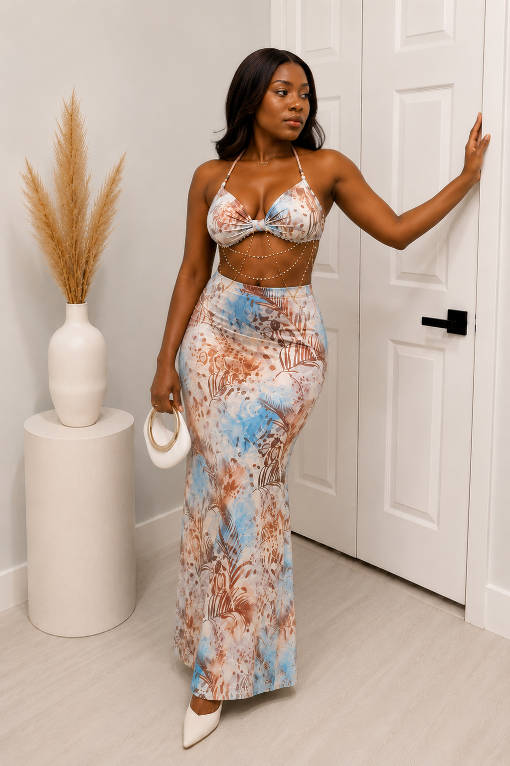 Printed Halter Maxi Dress with Beaded Body Chain