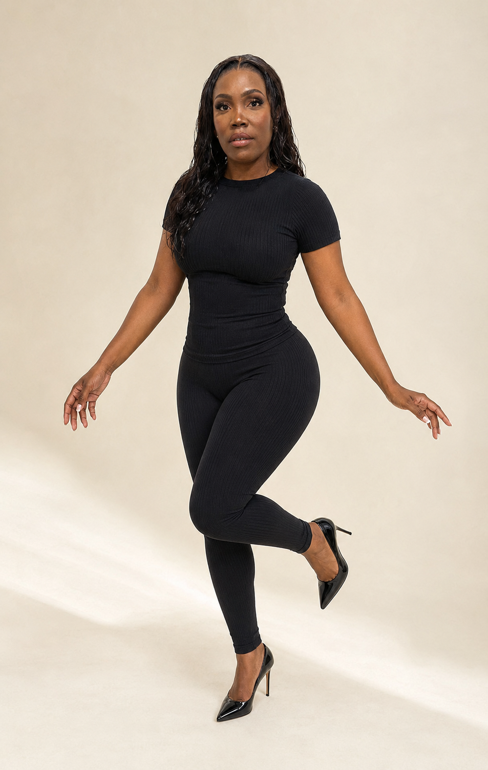 Black Ribbed Fitted Top & Legging Set