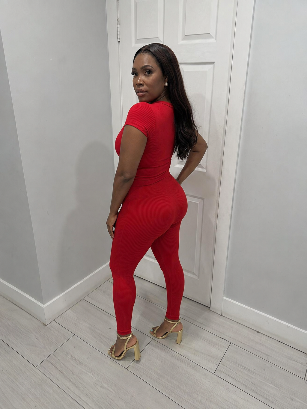 Red Ribbed Fitted Top & Legging Set