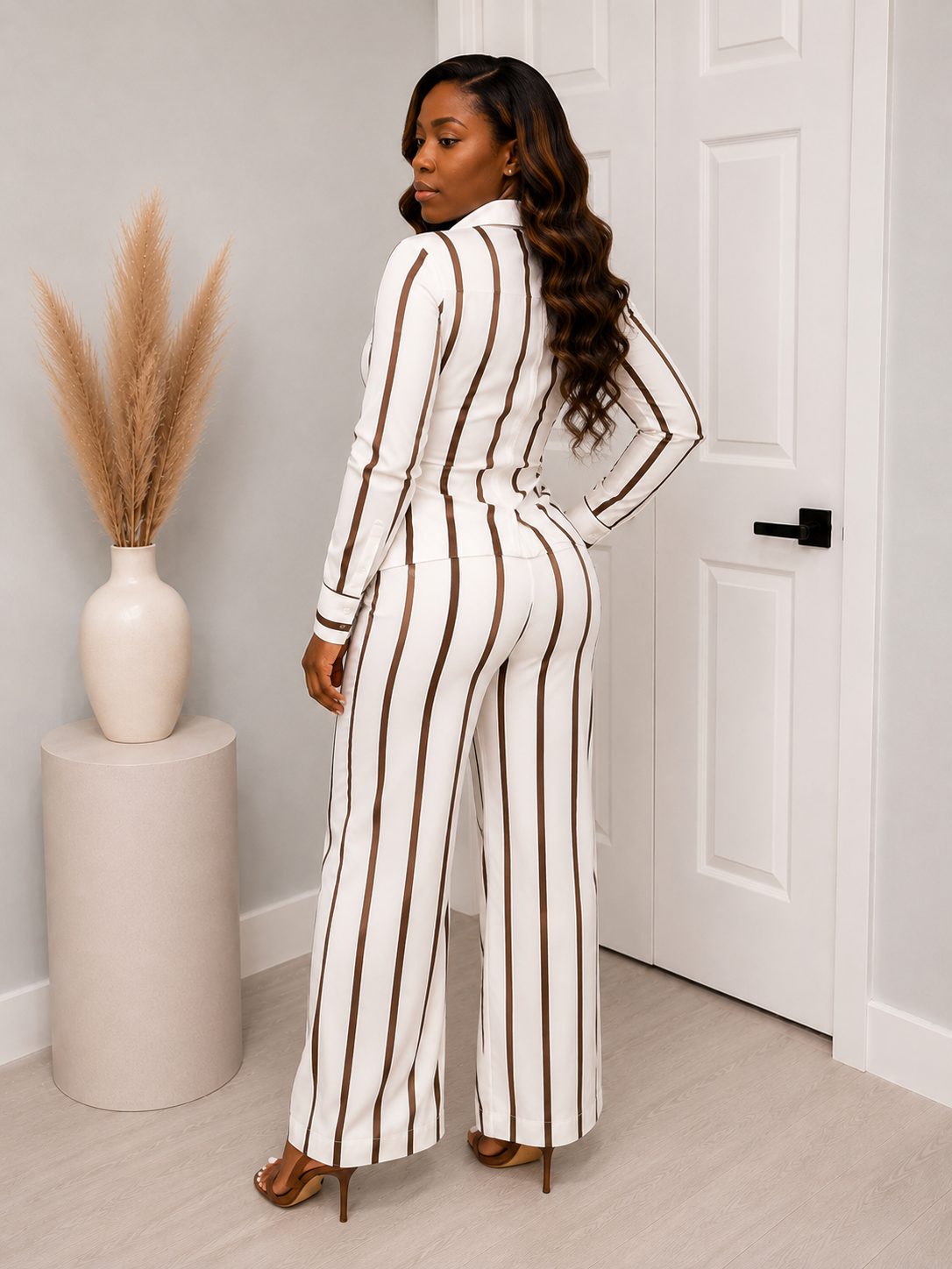 Blue & White Striped Button-up Two-Piece Set Wide Leg Pants