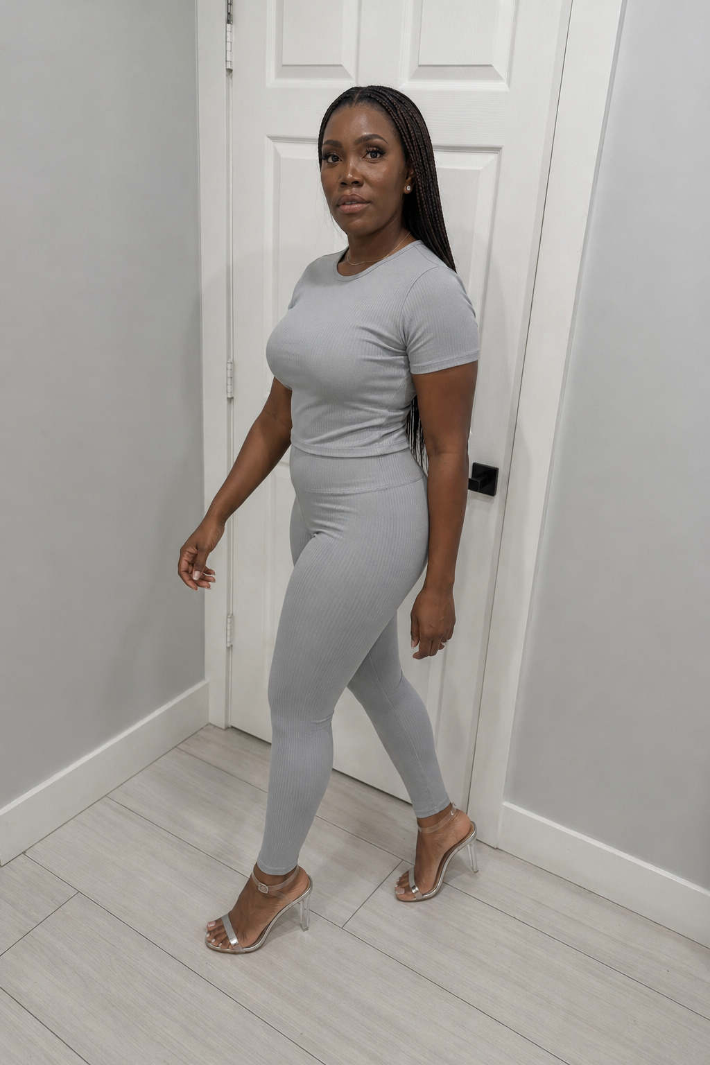 Gray Ribbed Fitted Top & Legging Set