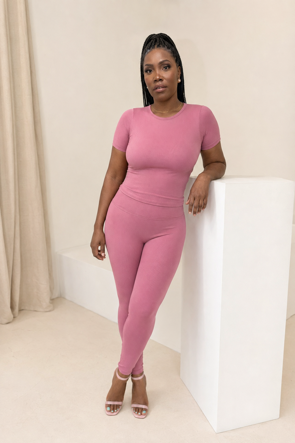Pink Ribbed Fitted Top & Legging Set