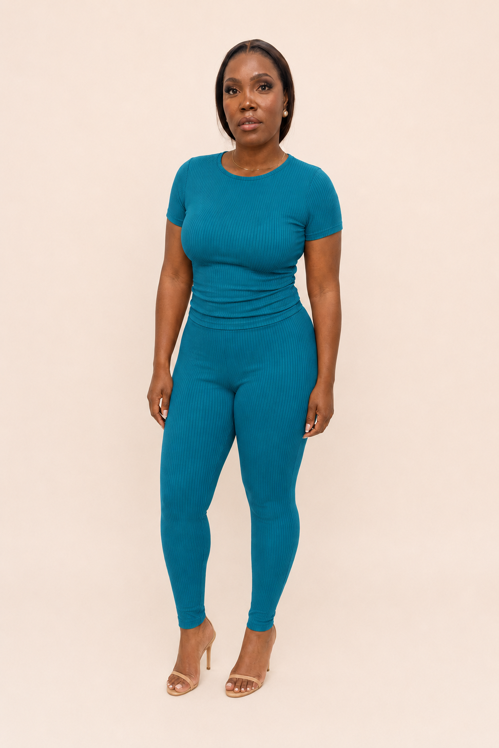 Teal Ribbed Fitted Top & Legging Set