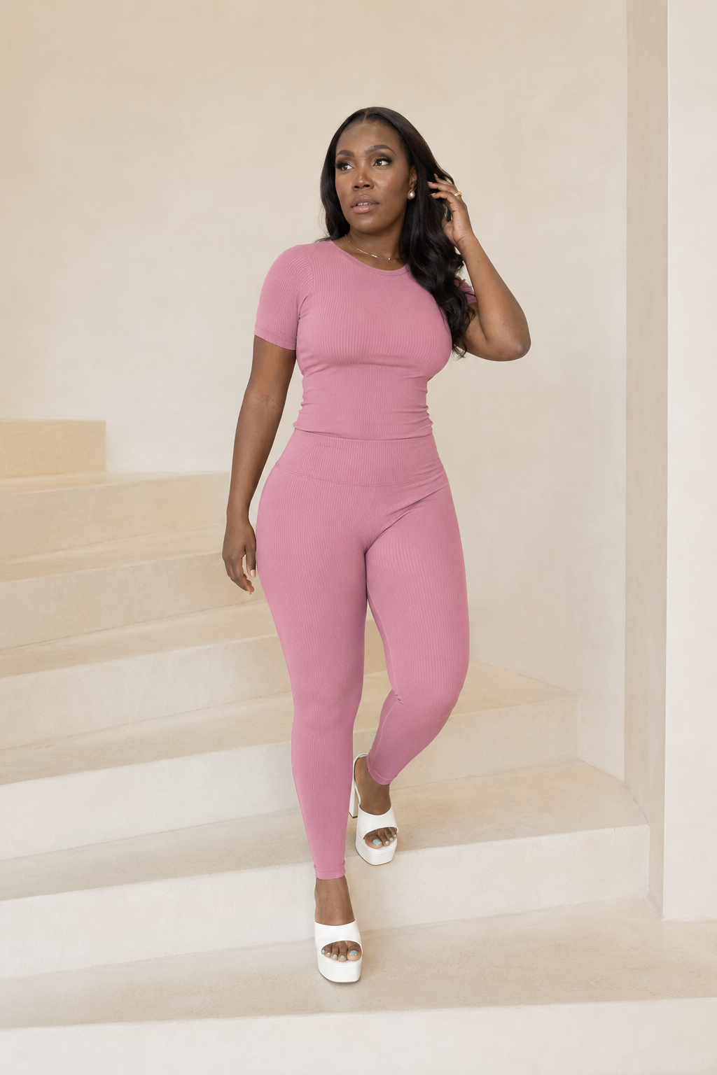 Pink Ribbed Fitted Top & Legging Set