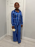 Blue & white Stripted Button-up two-piece set wide leg pants