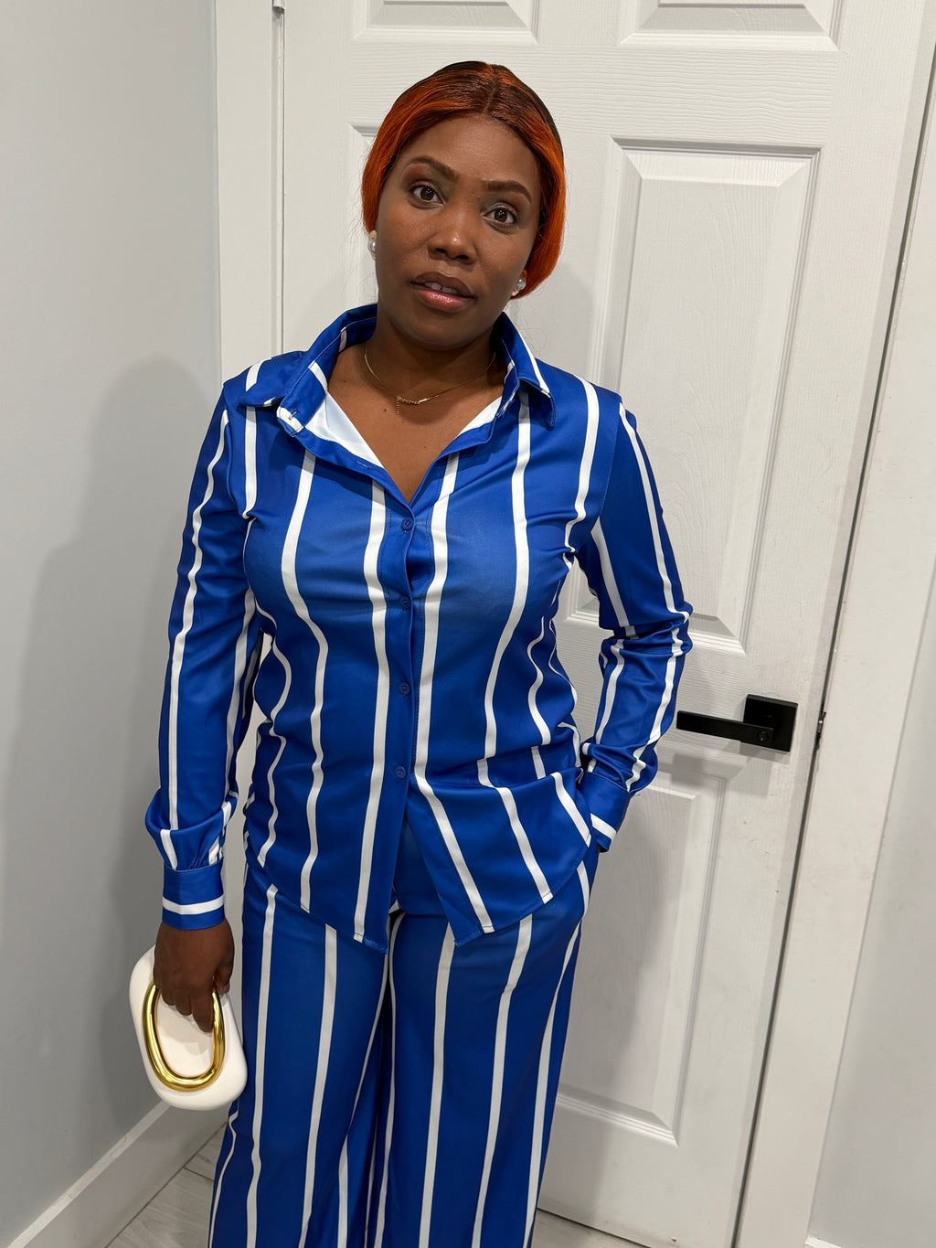 Blue & white Stripted Button-up two-piece set wide leg pants