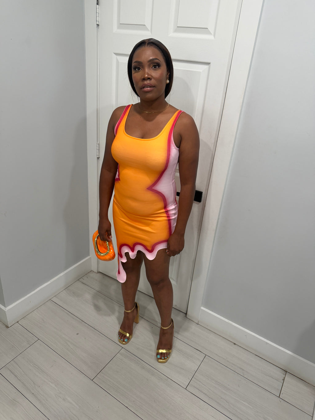 Orange & pink wave print bodycon dress