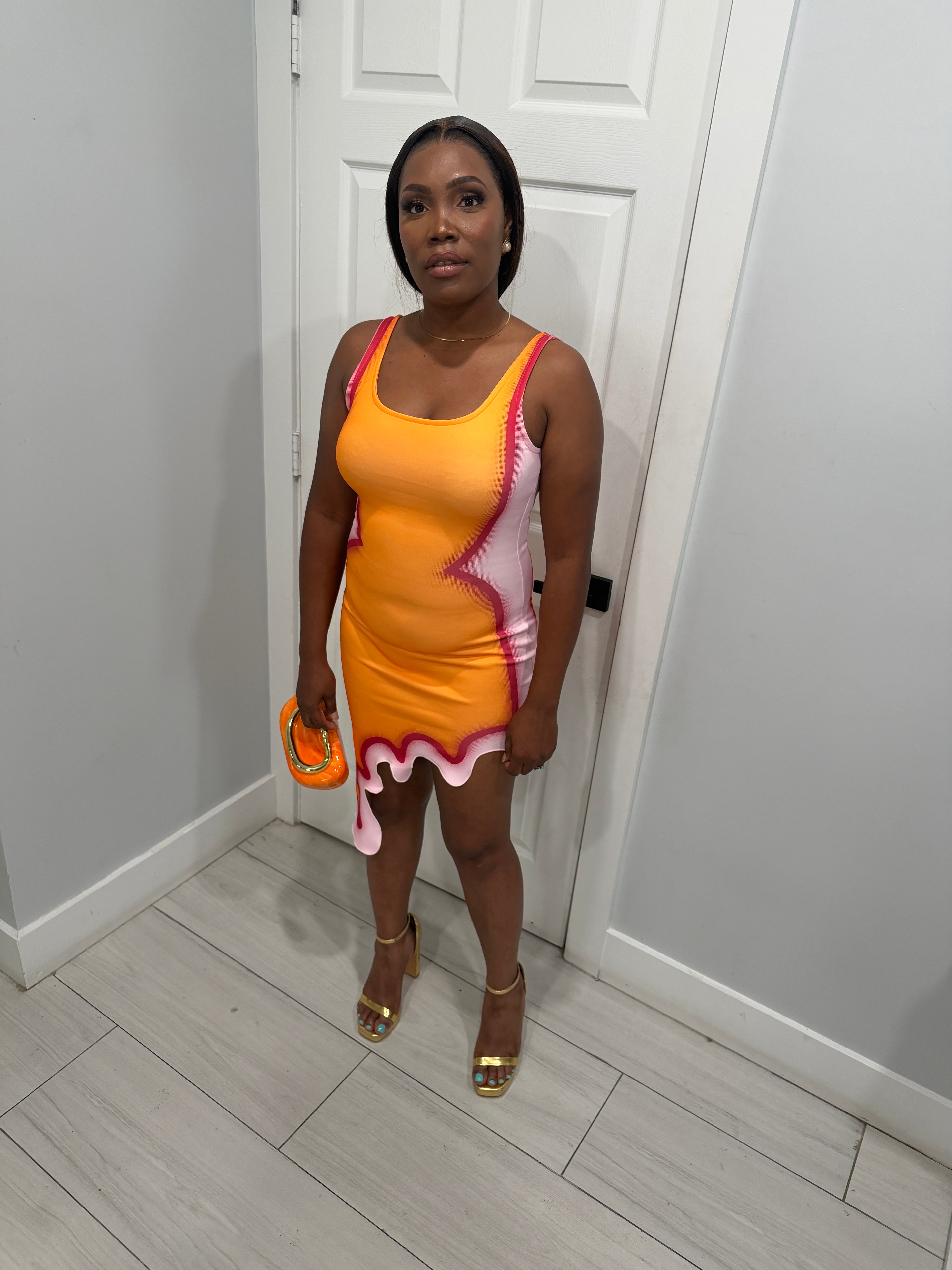 Orange & pink wave print bodycon dress