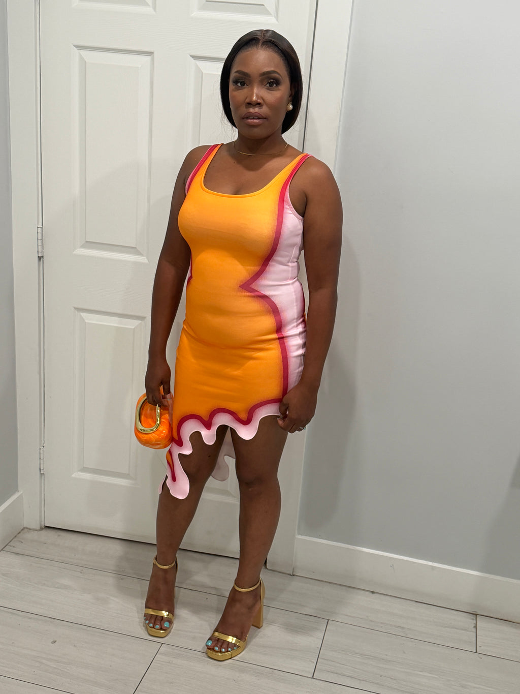 Orange & pink wave print bodycon dress