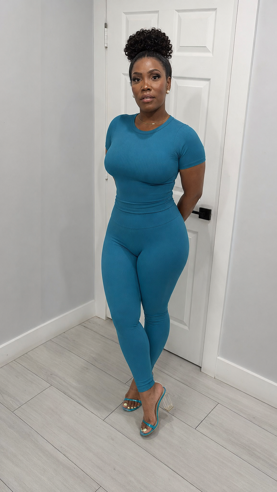 Teal Ribbed Fitted Top & Legging Set