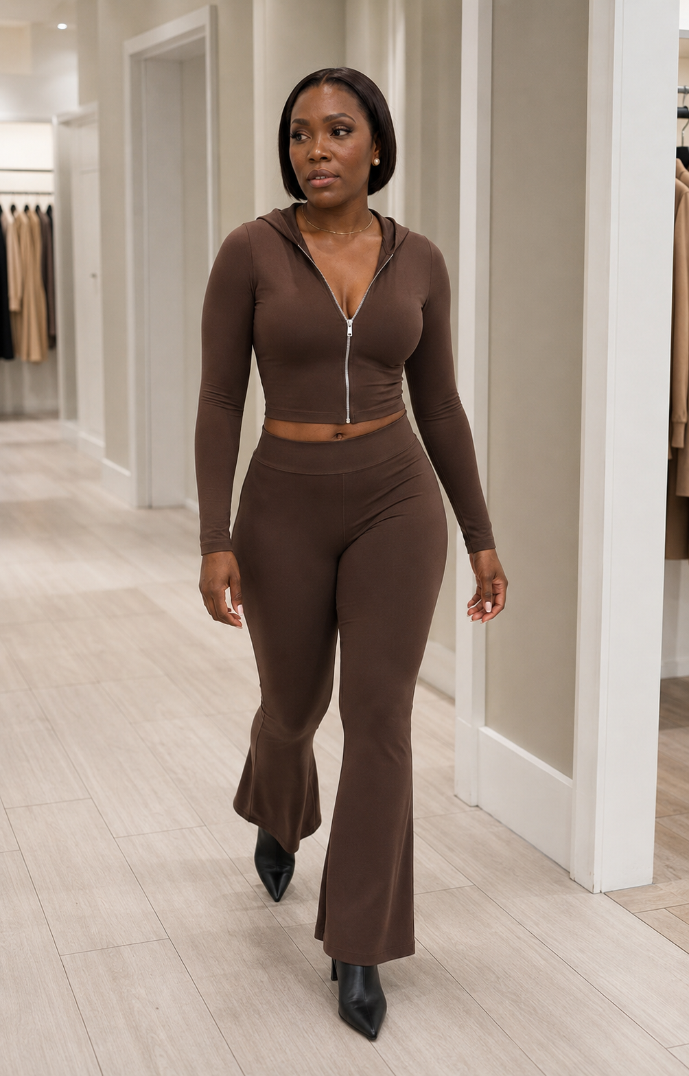 Brown Flare Hoodie & Pants Set