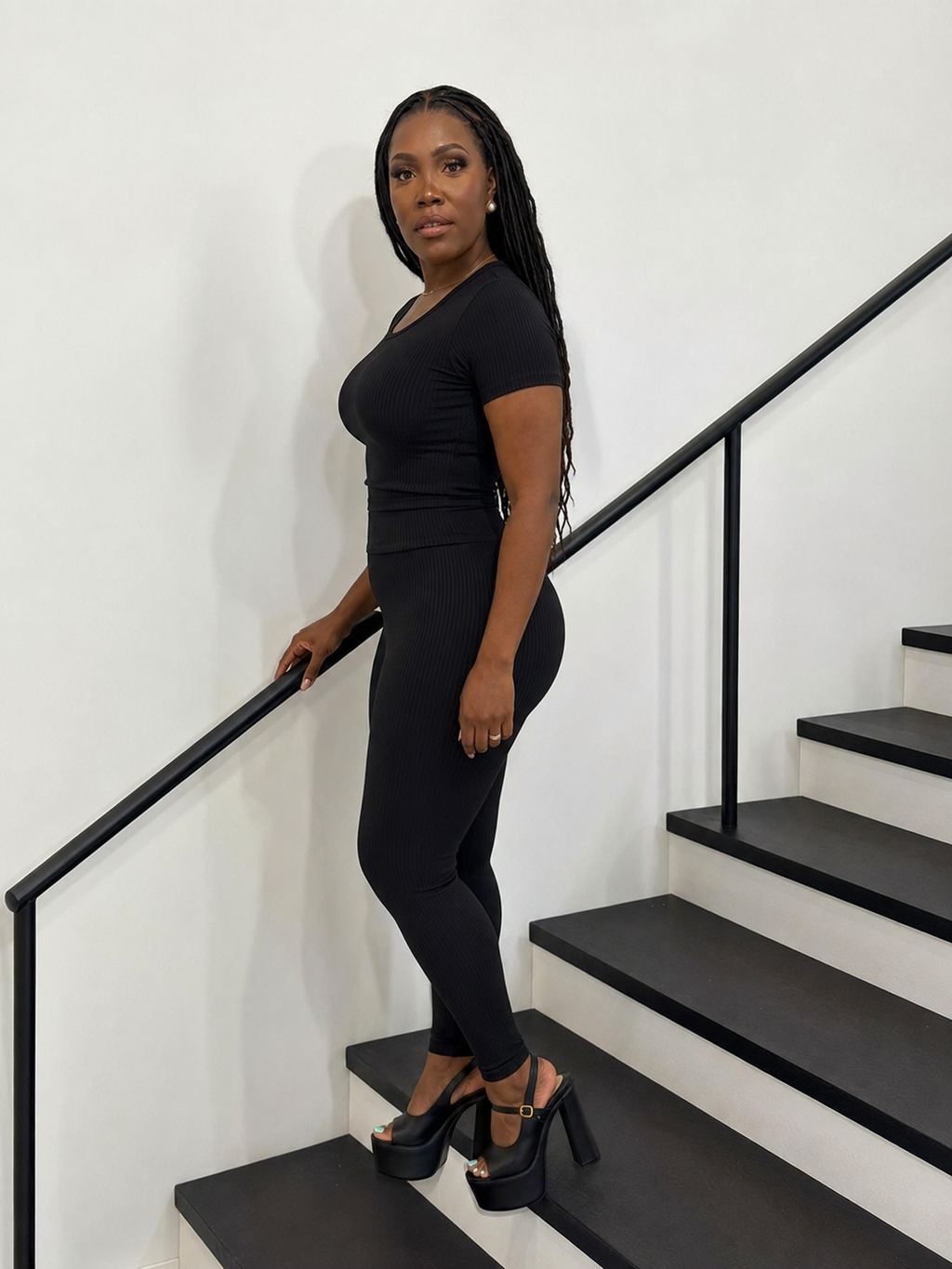 Black Ribbed Fitted Top & Legging Set