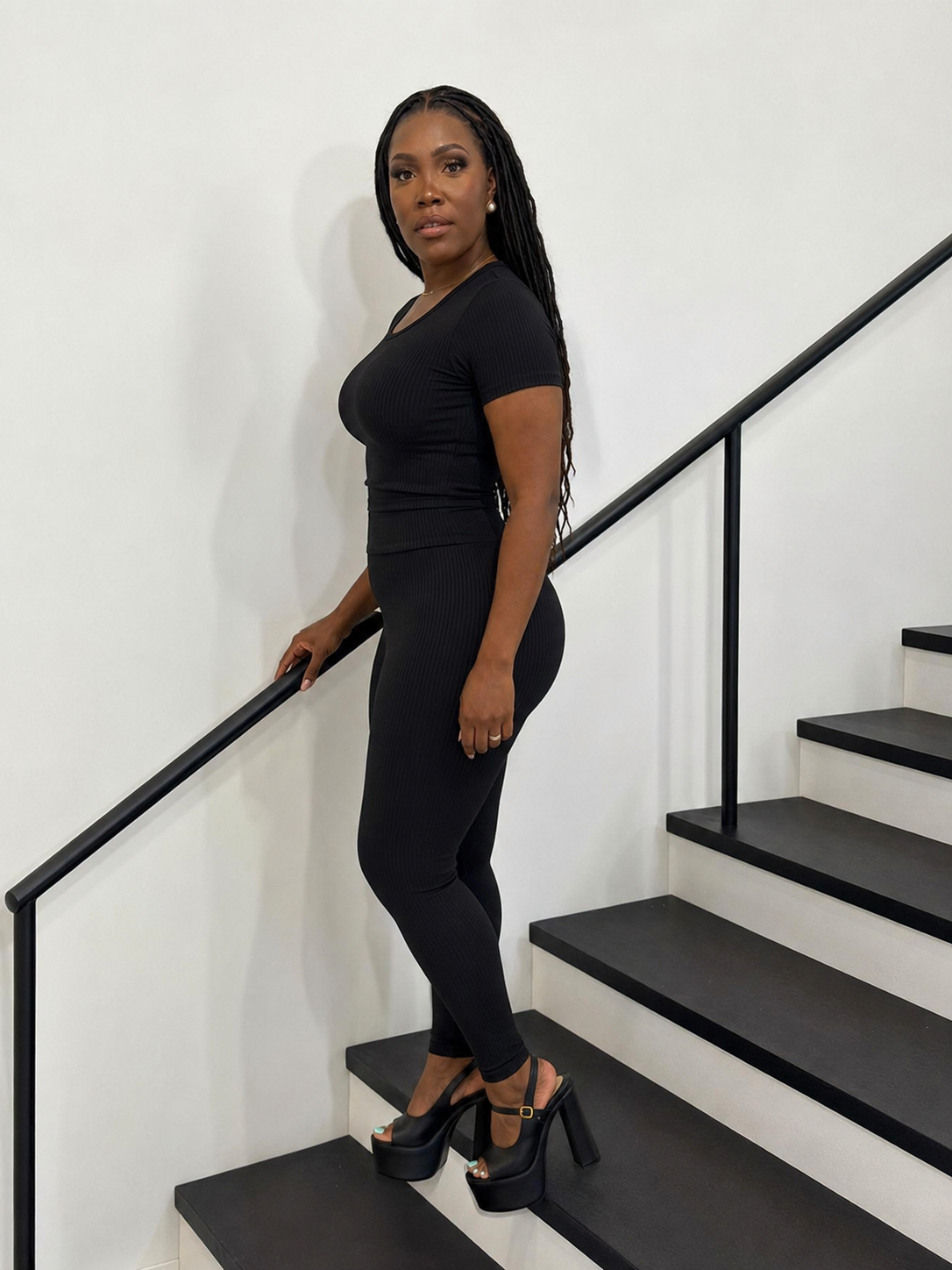 Black Ribbed Fitted Top & Legging Set