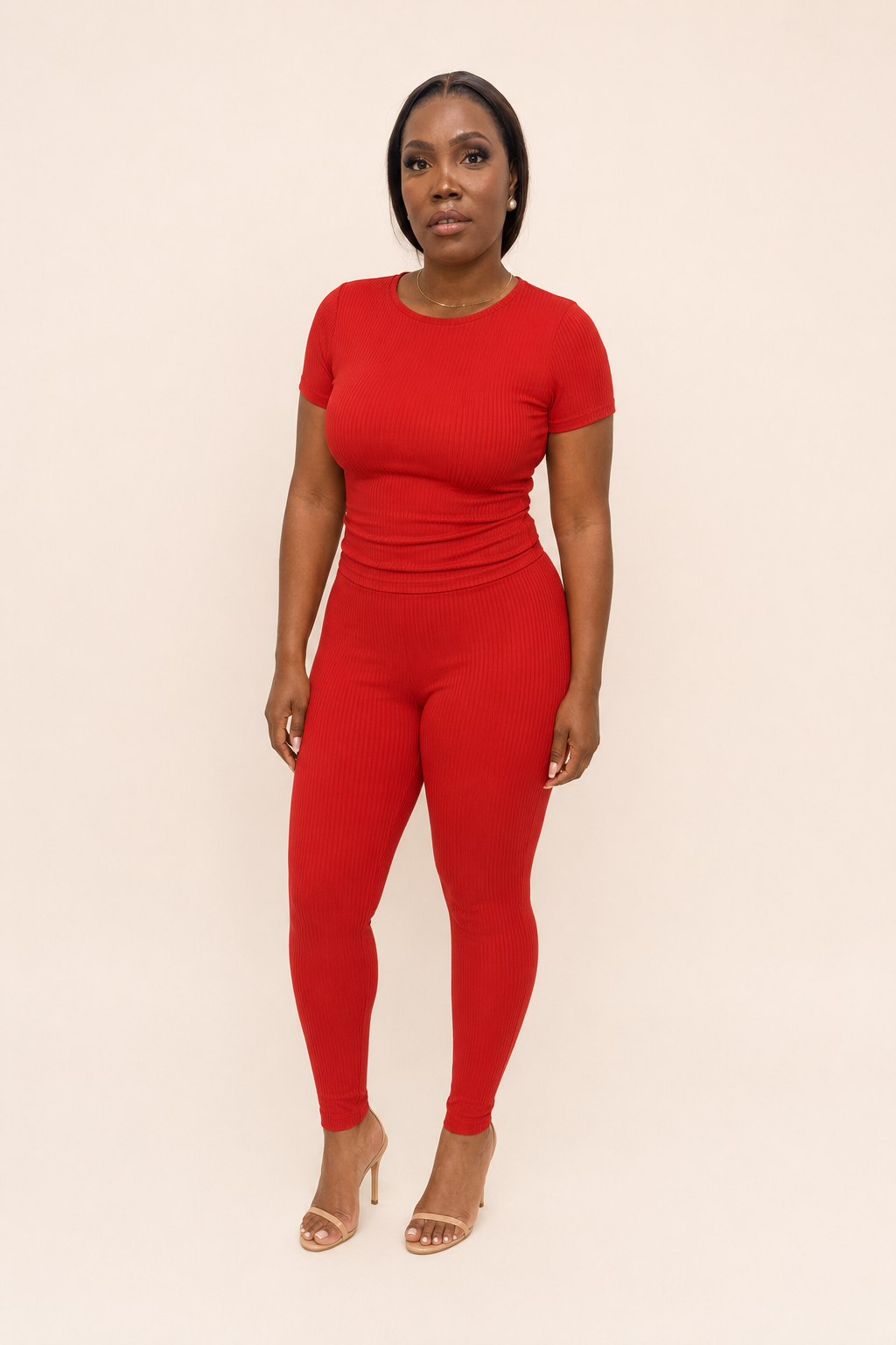 Red Ribbed Fitted Top & Legging Set
