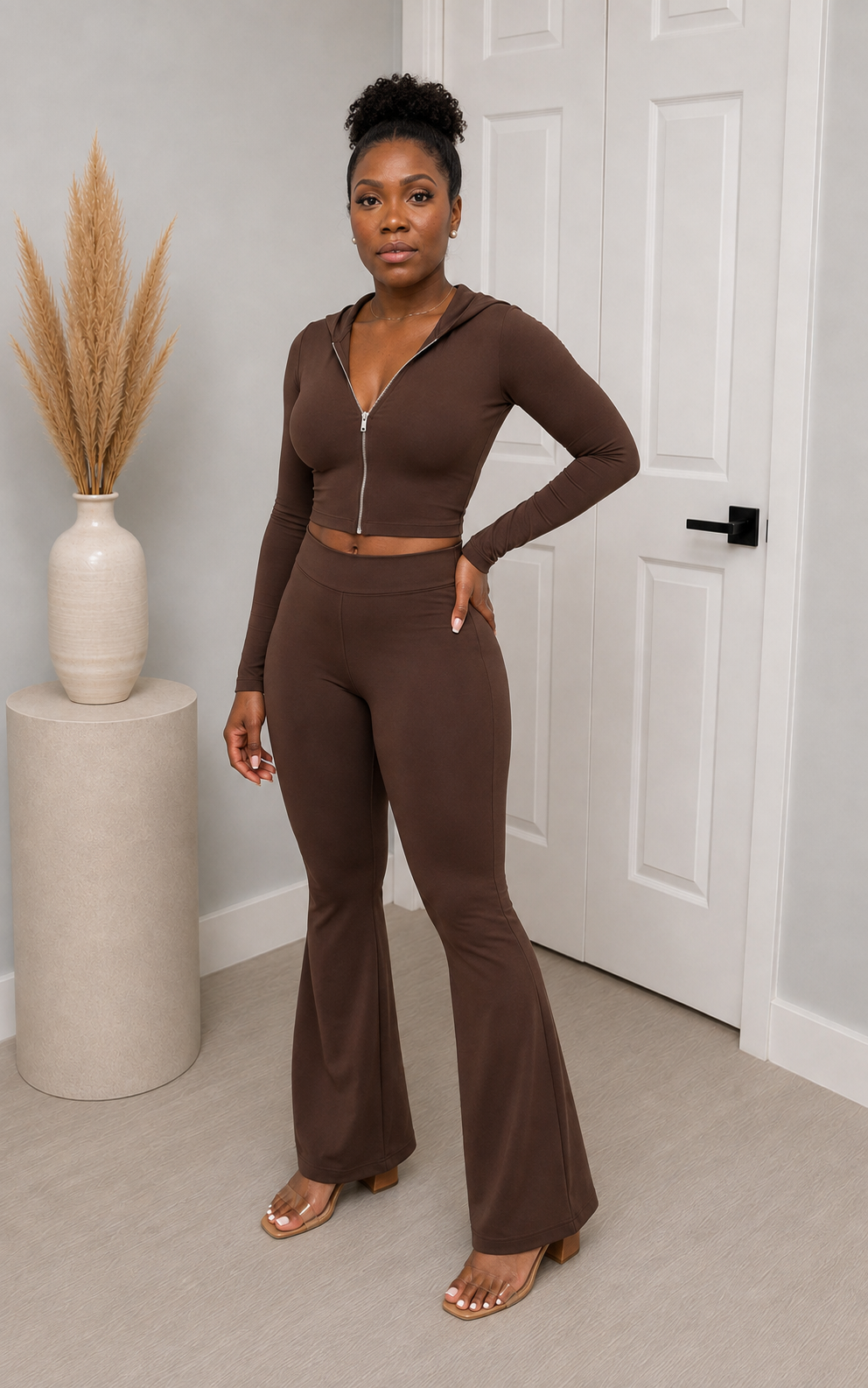 Brown Flare Hoodie & Pants Set