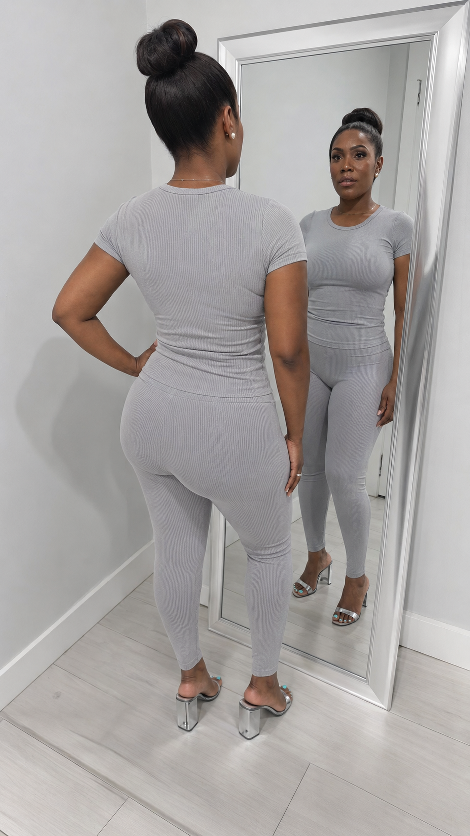 Gray Ribbed Fitted Top & Legging Set