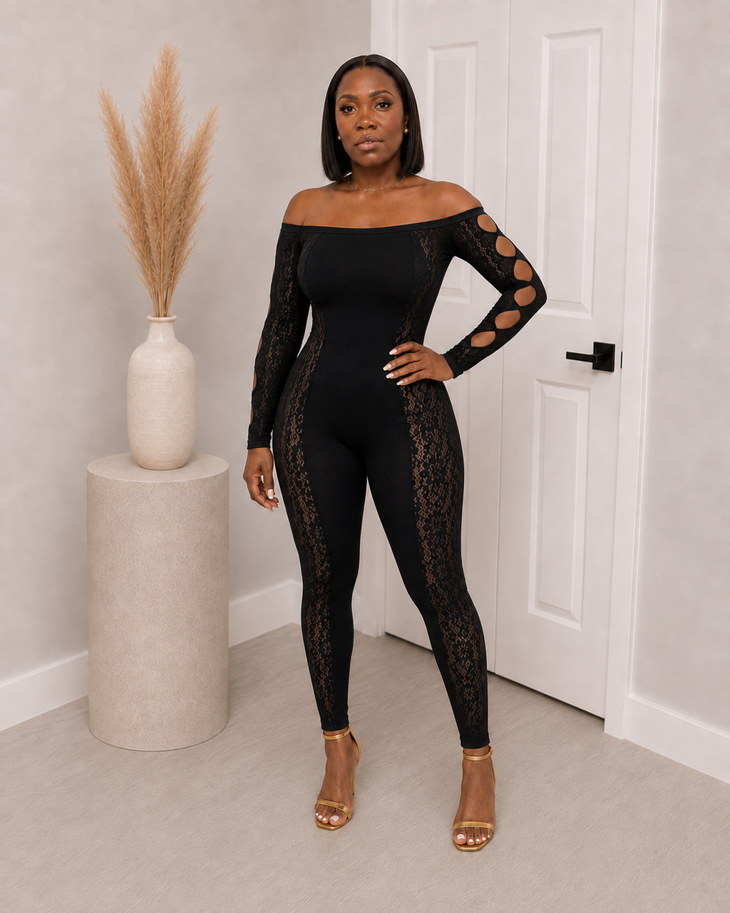 Lace Cutout Off-Shoulder Jumpsuit - Black