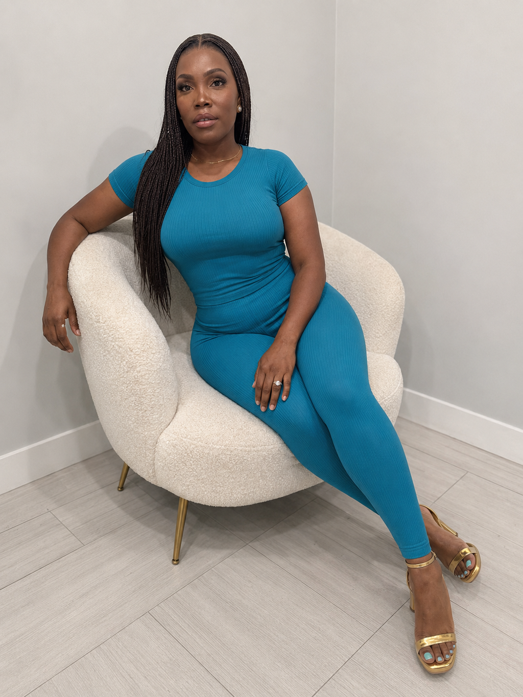 Teal Ribbed Fitted Top & Legging Set