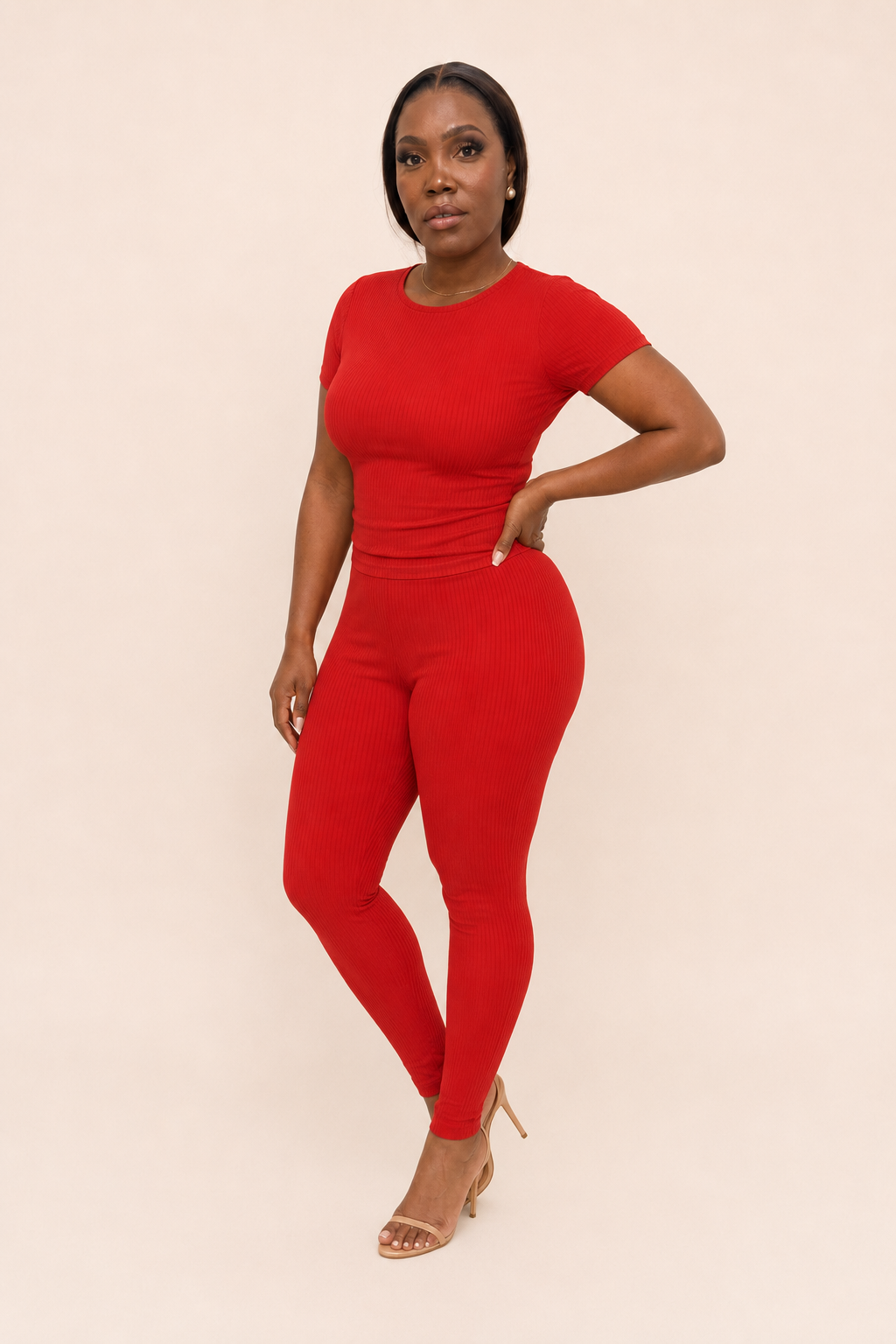 Red Ribbed Fitted Top & Legging Set