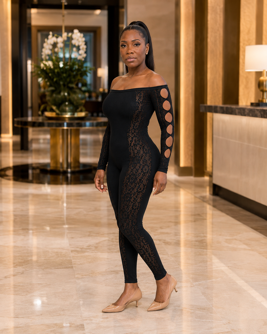 Lace Cutout Off-Shoulder Jumpsuit - Black