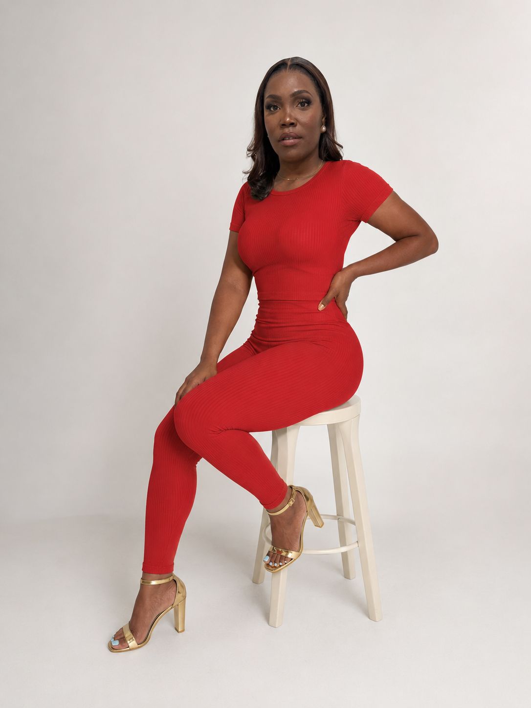 Red Ribbed Fitted Top & Legging Set