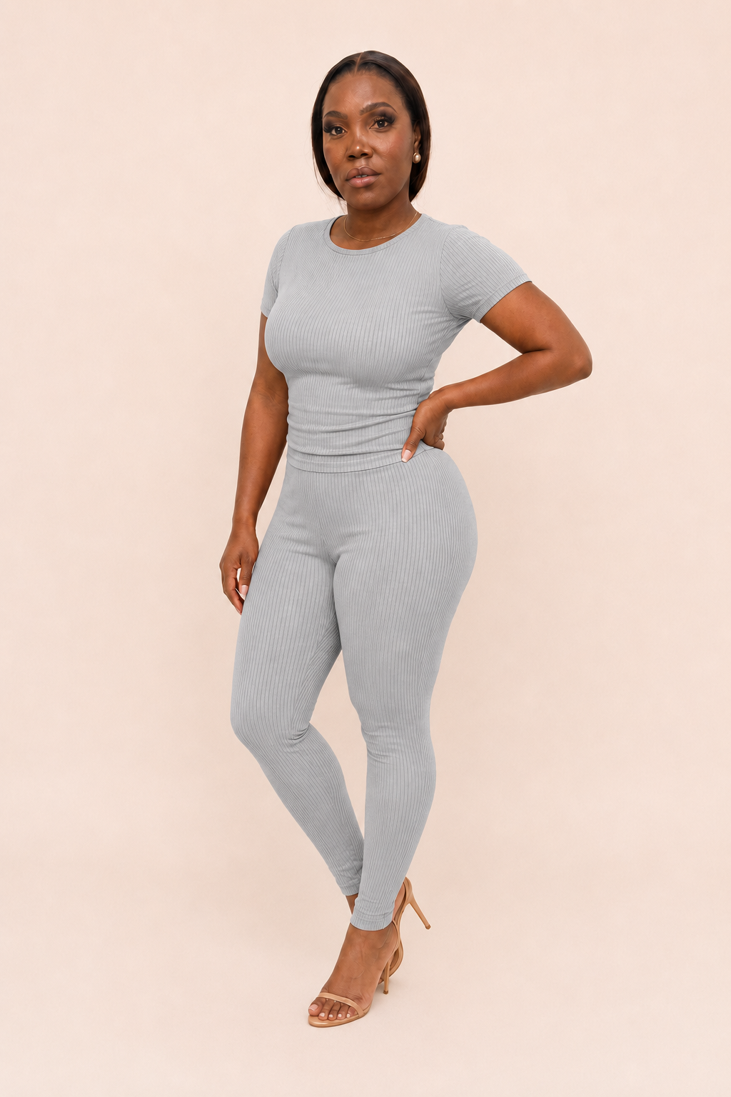 Gray Ribbed Fitted Top & Legging Set