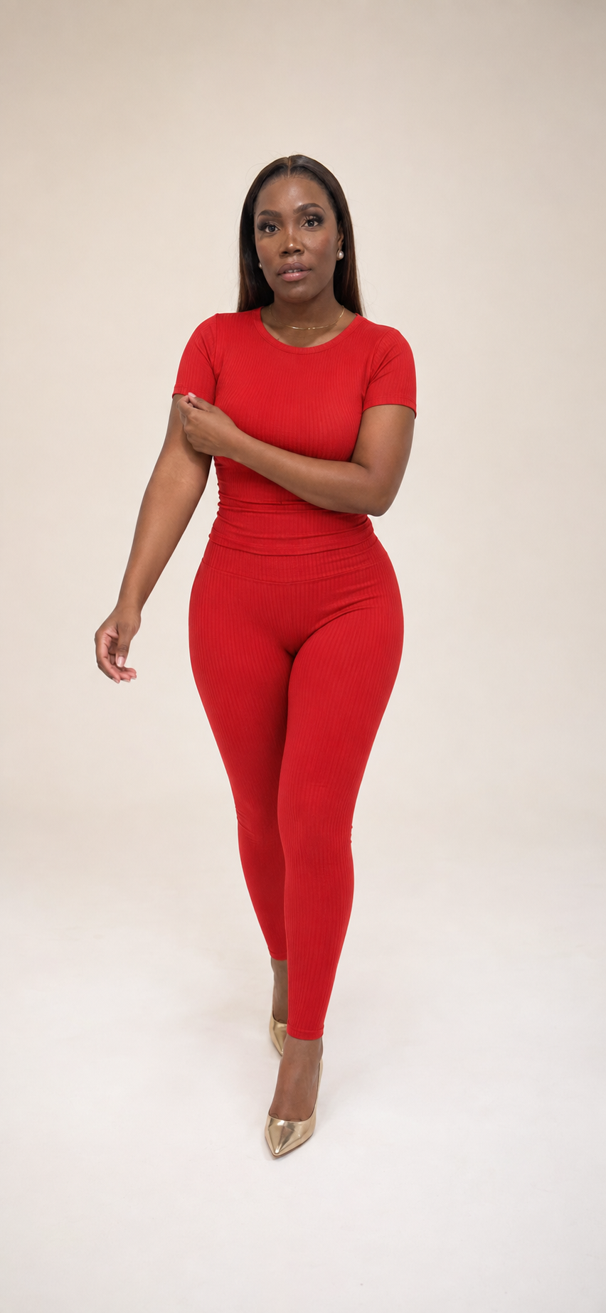 Red Ribbed Fitted Top & Legging Set