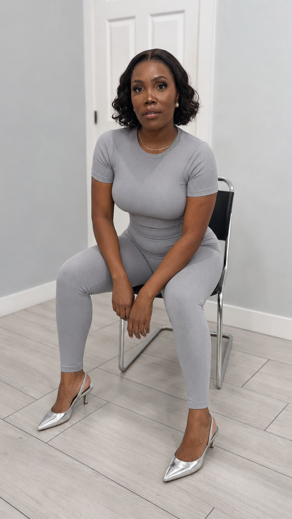 Gray Ribbed Fitted Top & Legging Set