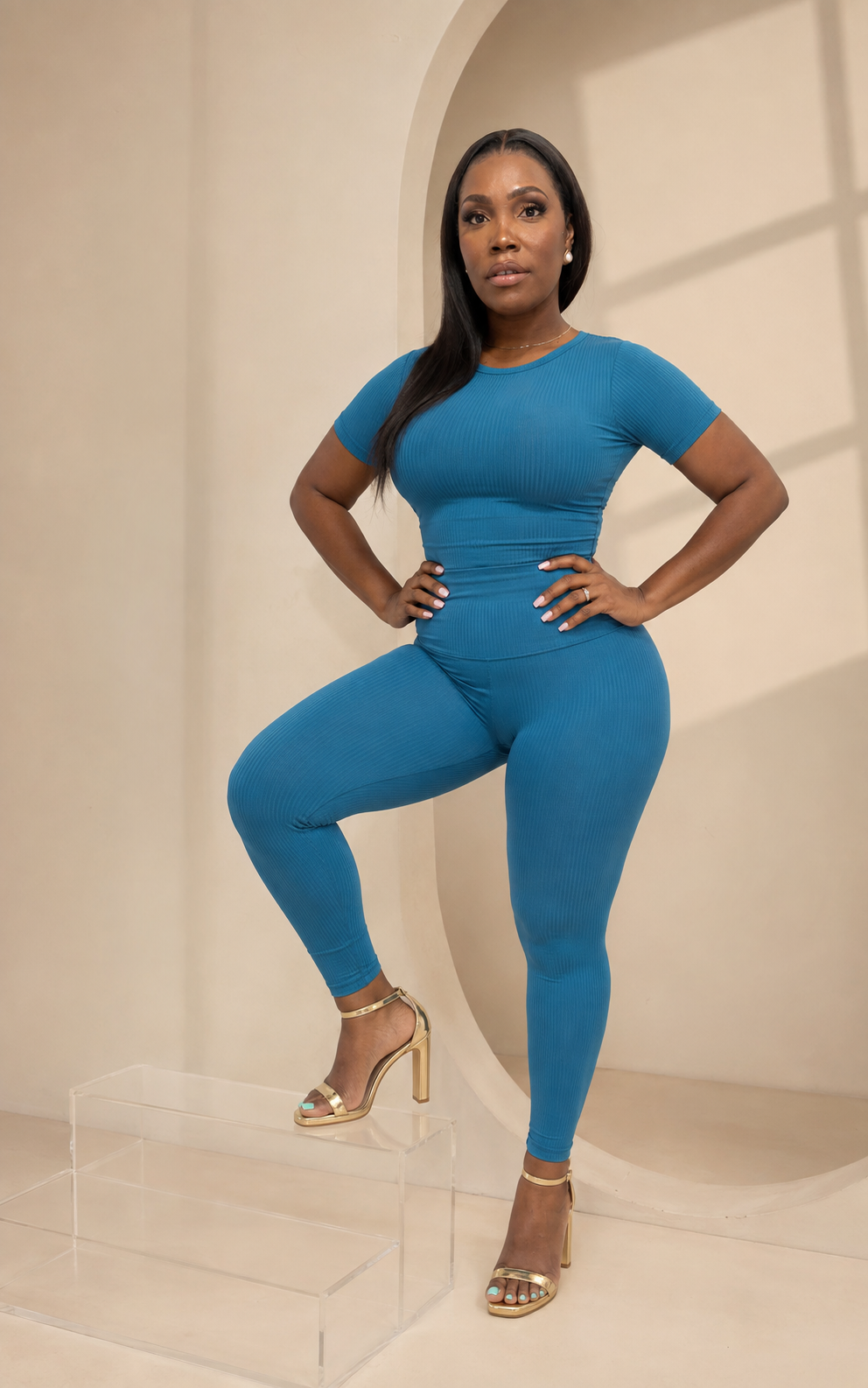 Teal Ribbed Fitted Top & Legging Set