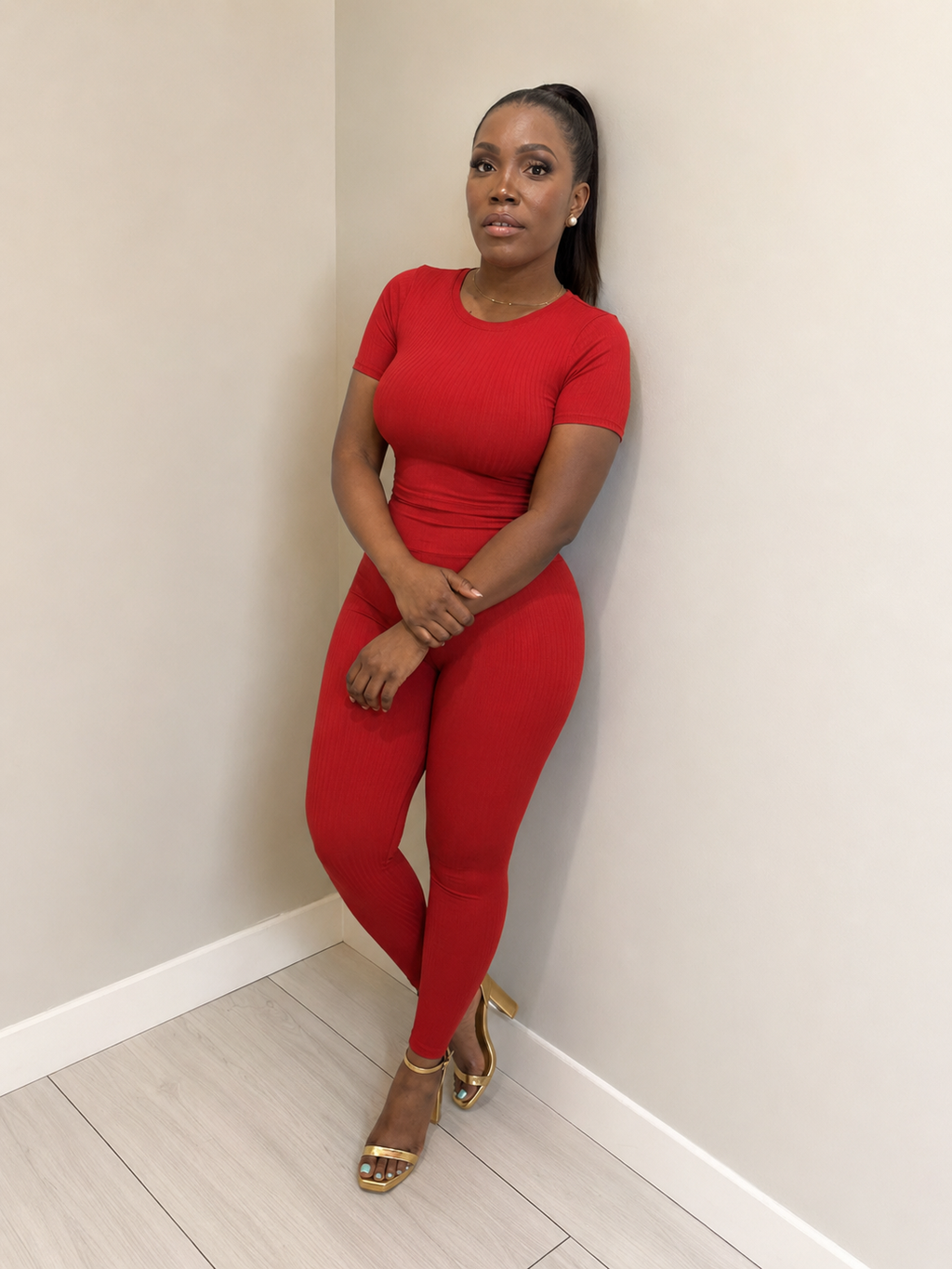 Red Ribbed Fitted Top & Legging Set
